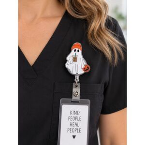 Halloween Ghost Coffee Badge Reel Retractable ID Holder Pumpkin 4"